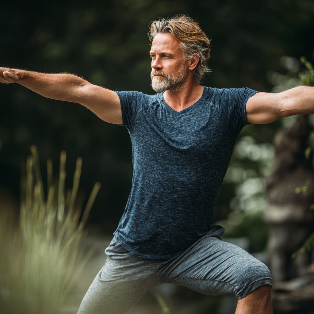 Mature man in his late 40s demonstrating yoga warrior pose outdoors in peaceful garden setting with natural sunlight