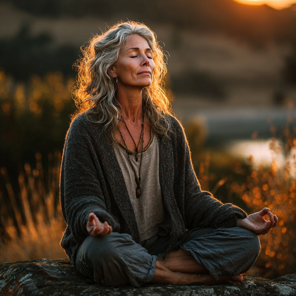 Peaceful woman in her 50s practicing yoga meditation pose in a serene natural setting with soft lighting