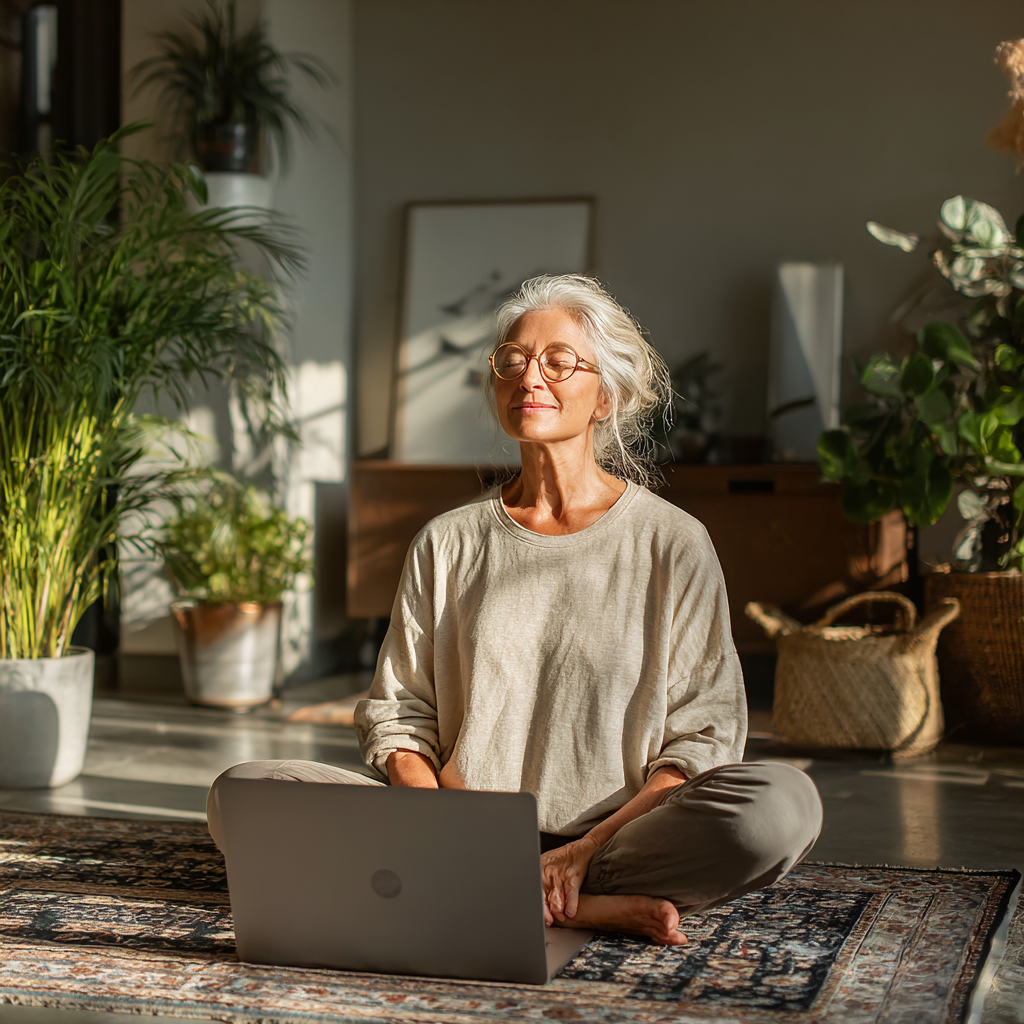 Professional yoga instructor in her early 50s leading an online class from a bright studio space with plants and natural lighting